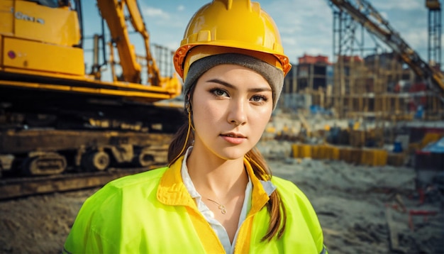 Photo The builder in a construction vest and orange helmet standing on studio background