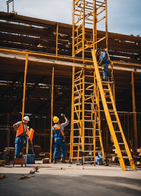 Foto il costruttore fotografato con un giubbotto da costruzione e un casco arancione in piedi sullo sfondo dello studio