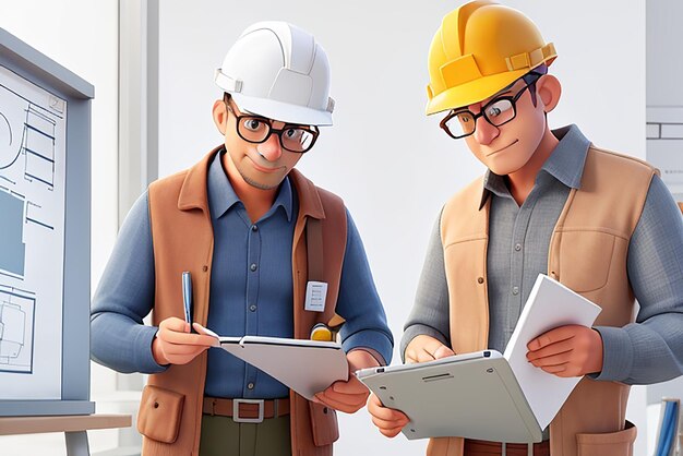 Photo the builder and the customer are discussing the work plan acceptance of apartments 3d illustration in cartoon style