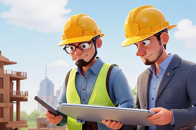 Photo photo the builder and the customer are discussing the work plan acceptance of apartments 3d illustration in cartoon style