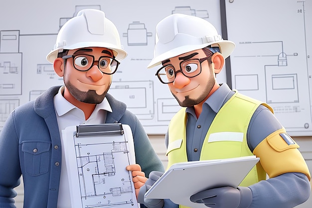 Photo photo the builder and the customer are discussing the work plan acceptance of apartments 3d illustration in cartoon style