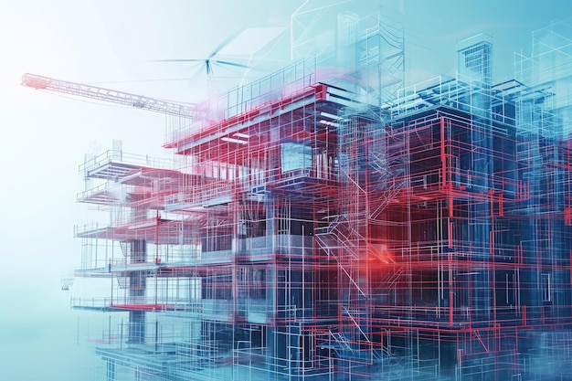 파란색과 빨간색으로 칠한 건물의 사진과 배경에 서있는 크레인이 혁신적인 데이터 시각화 AI를 통해 대표되는 건물 건설 프로세스