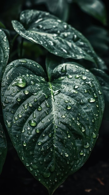 빗물 방울에 둘러싸인 구장 잎 다발의 사진