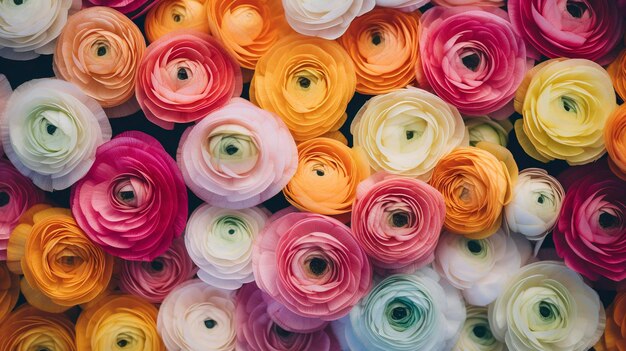 A photo of a bunch of colorful ranunculus in a market