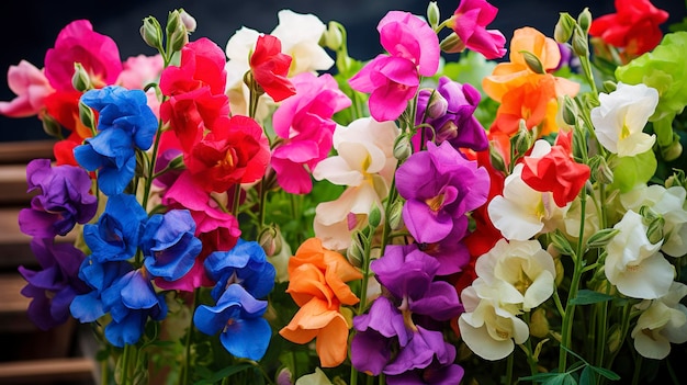 A photo of a bunch of colorful sweet peas in a garden
