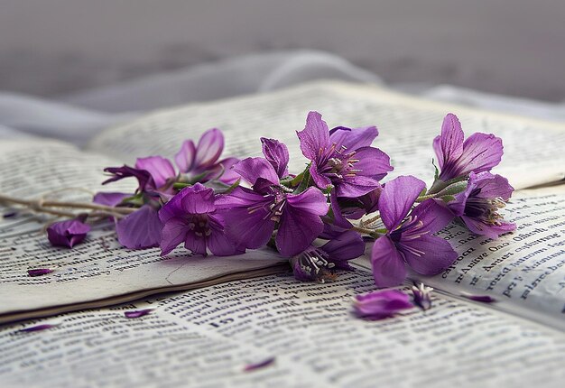 Photo of a bunch of purple flowers on a book with the pages open