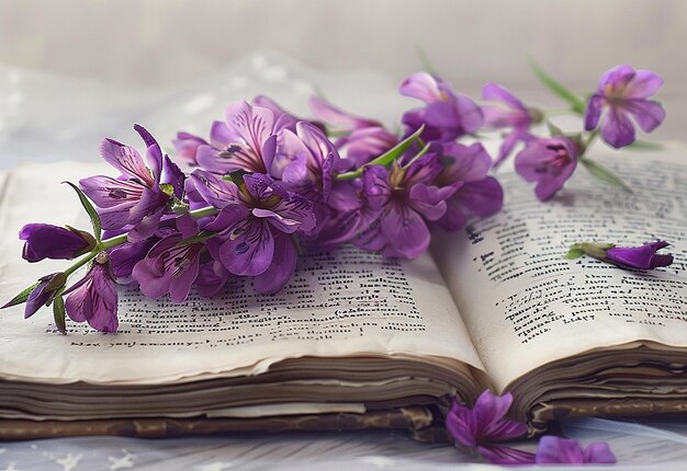 Photo of a bunch of purple flowers on a book with the pages open