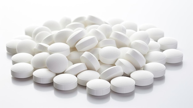 фото кучи круглых белых таблеток, лекарств, изолированных на белом фоне