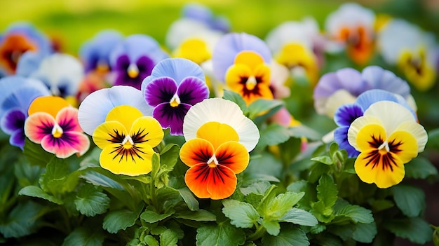 A photo of a bunch of vibrant pansies in a garden