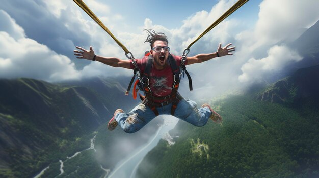 A photo of a bungee jumper in mid air