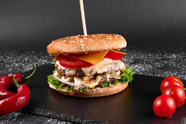 Photo of burger on black board