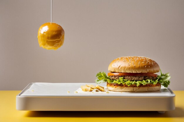 写真 黄色い背景のハンバーガー写真