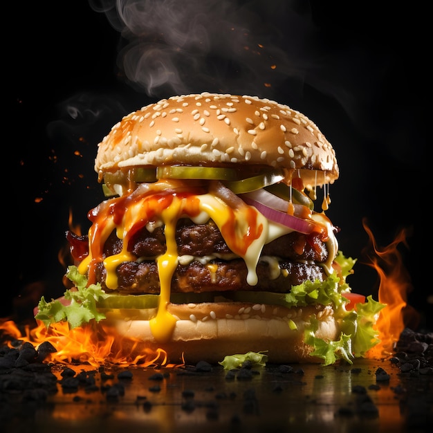 Photo a burger logo with flame generative ai