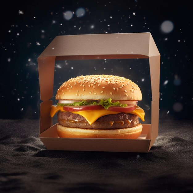 A photo of a burger packaged in a box with space theme