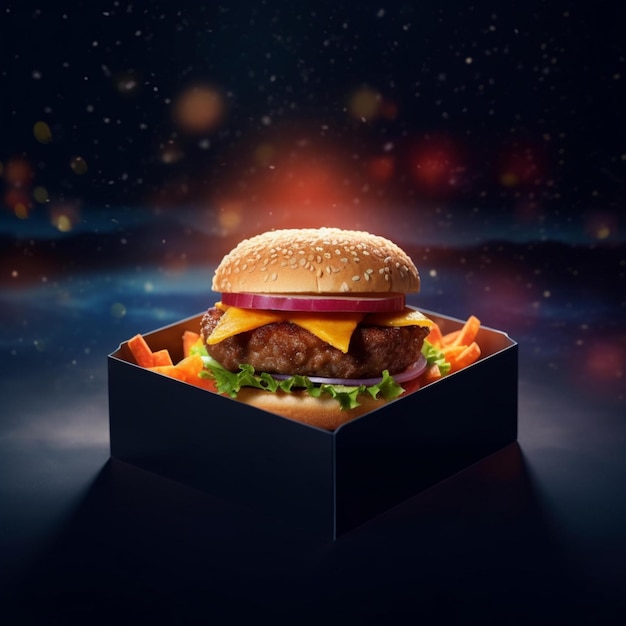 A photo of a burger packaged in a box with space theme