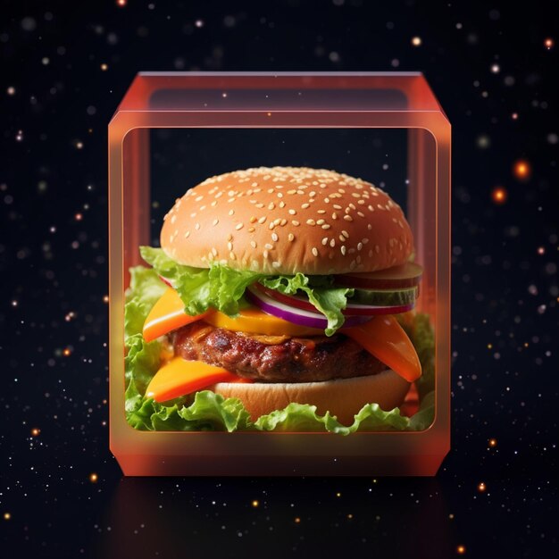 A photo of a burger packaged in a box with space theme