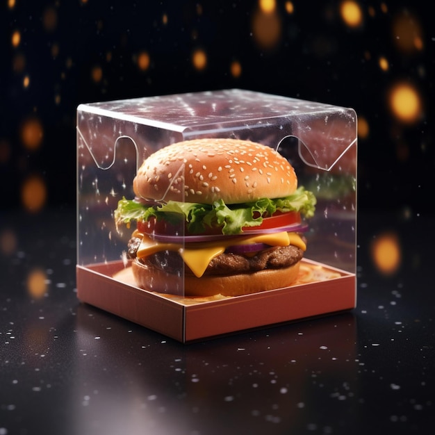 A photo of a burger packaged in a box with space theme