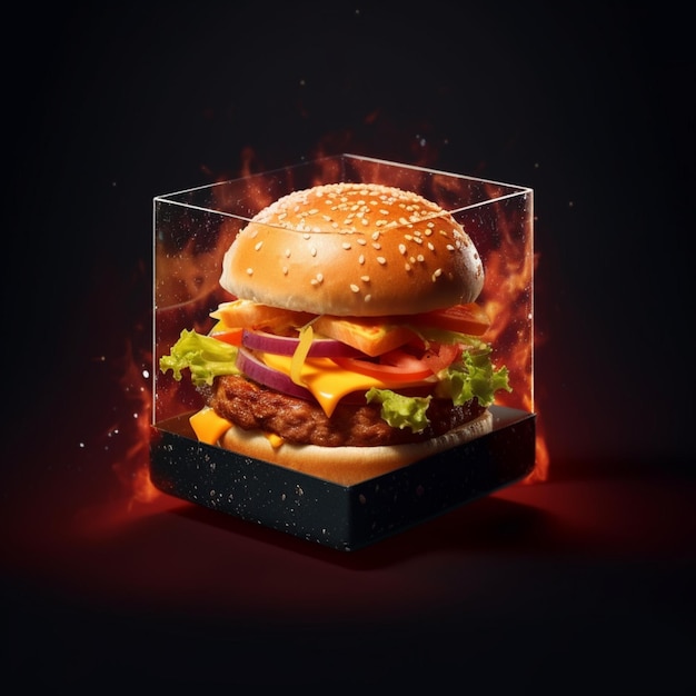 A photo of a burger packaged in a box with space theme