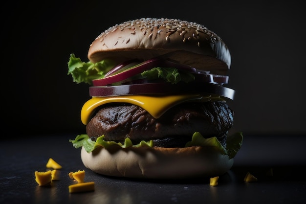 Photo of burger with fries Generative AI