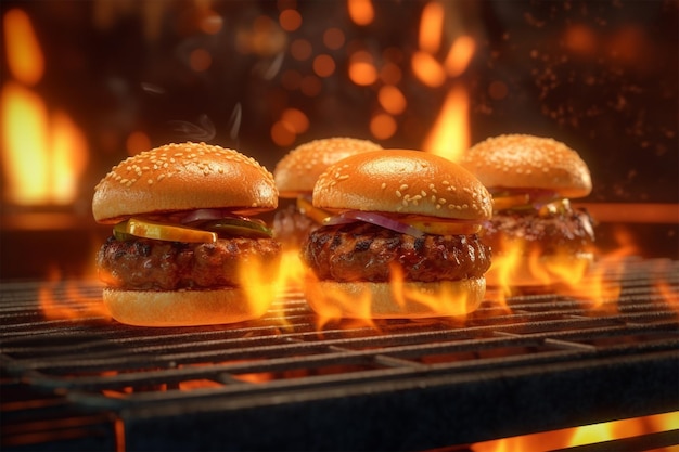 Photo burgers on a grill with a flame behind them