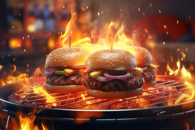 Photo burgers on a grill with a flame behind them