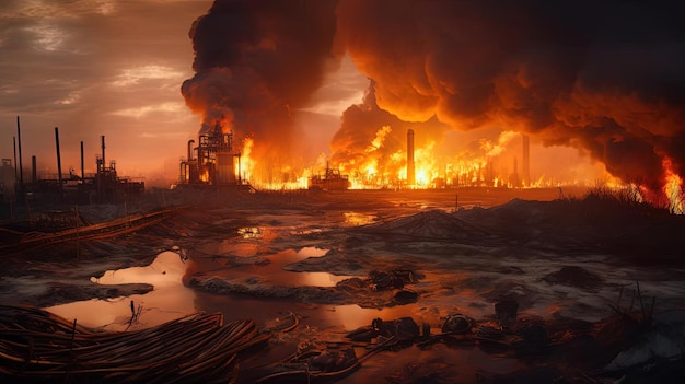 photo of a burning waste pile at an oil refinery in the style of dreamy