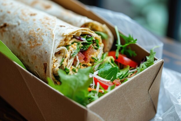 Photo a photo of a burrito packed in a box with a side of salad served inside a vegan glutenfree wrap neatly packed in an ecofriendly box ai generated