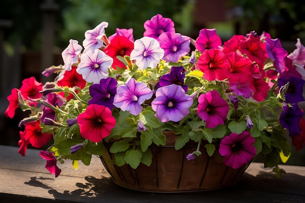 Photo of burst of color from a bed of petunias flower