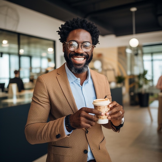 写真ビジネス アフリカのビジネスマン 幸せなアメリカ人 コーヒーを飲んで