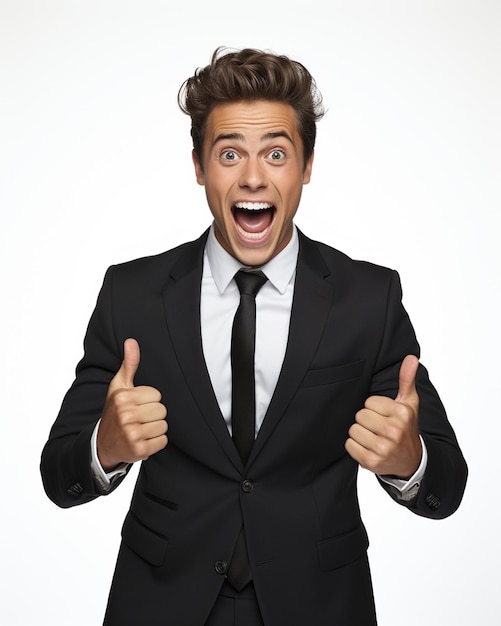 photo business concept portrait of excited man dressed in formal wear giving thumbs up