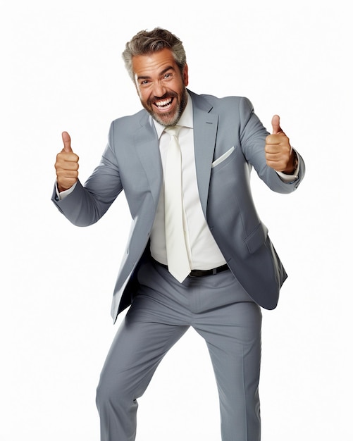 photo business concept portrait of excited man dressed in formal wear giving thumbs up