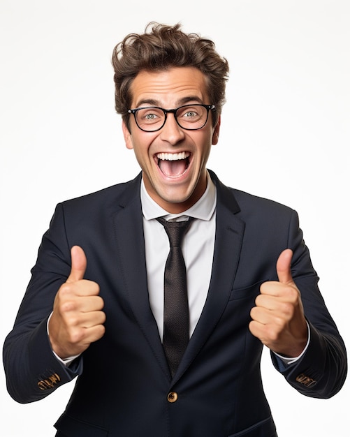 photo business concept portrait of excited man dressed in formal wear giving thumbs up