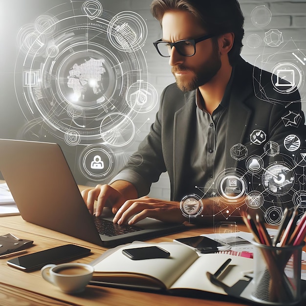 A photo of a business digital marketer using a laptop With digital background