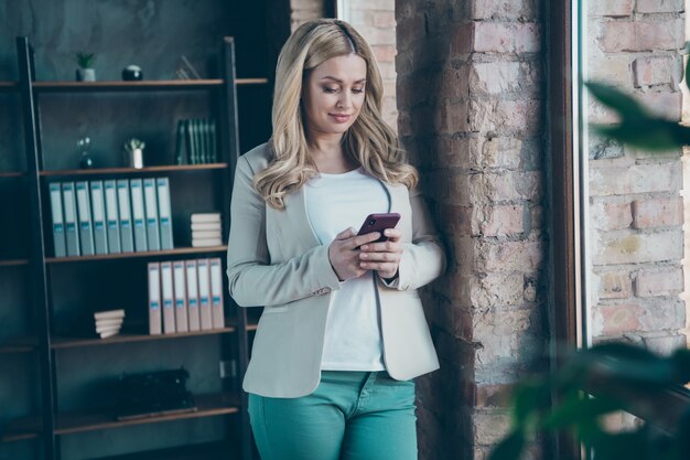 Photo of business lady chief hold telephone chatting