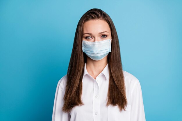 Photo of business lady good mood friendly person wear respiratory white shirt isolated blue color background