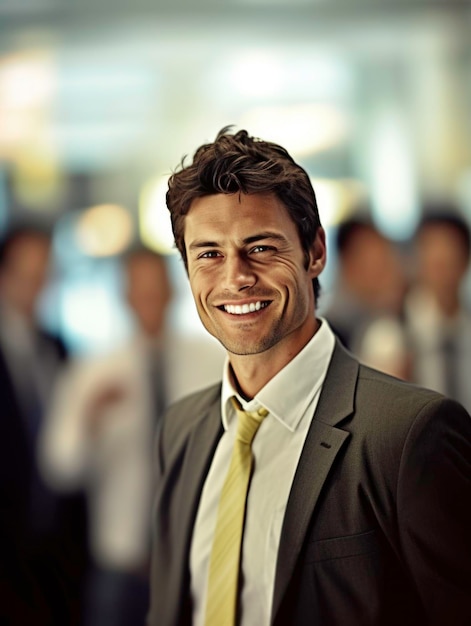 photo of business man in focus smiling background with officeGenerated by AI