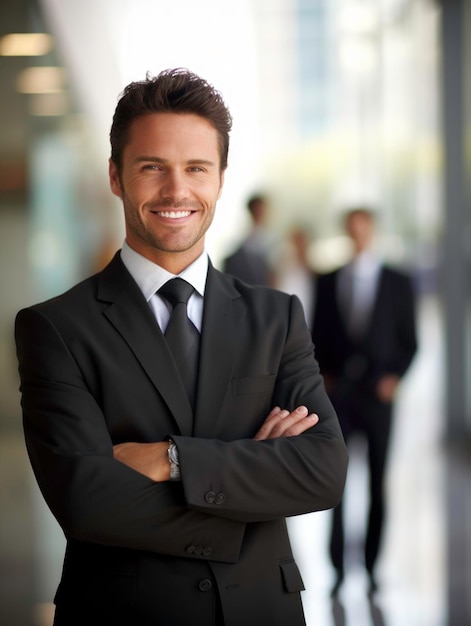 photo of business man in focus smiling background with officeGenerated by AI