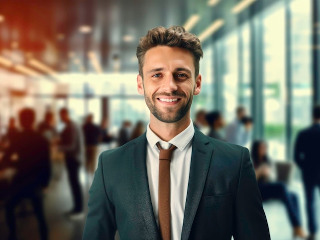 photo of business man in focus smiling background with officeGenerated by AI