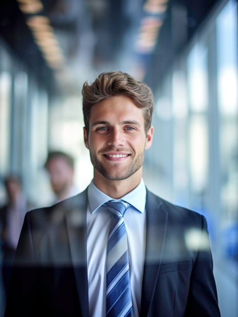 photo of business man in focus smiling background with officeGenerated by AI