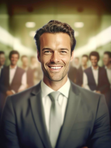 photo of business man in focus smiling background with officeGenerated by AI