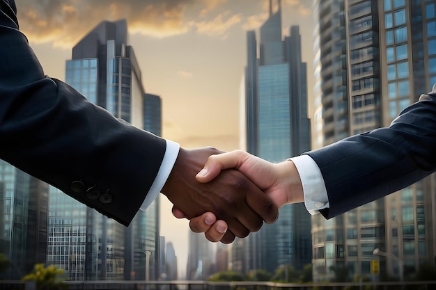 a photo of a business man shaking hands with a city skyline in the background