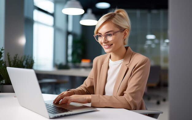 Photo of business woman office woman working with computer