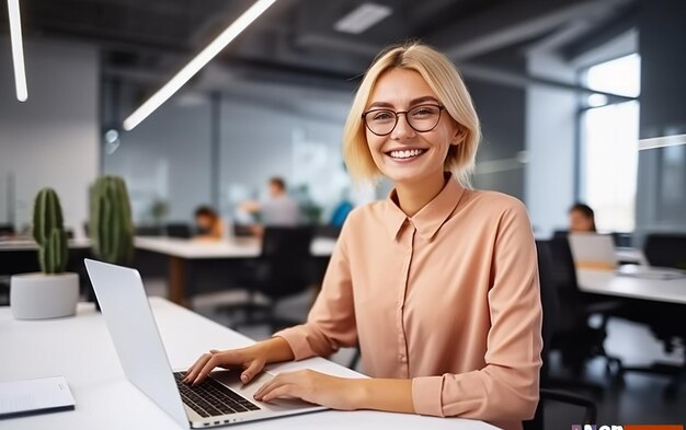 Photo of business woman office woman working with computer