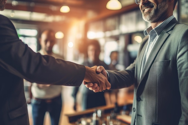 Photo of Businessman shaking hands in workroom