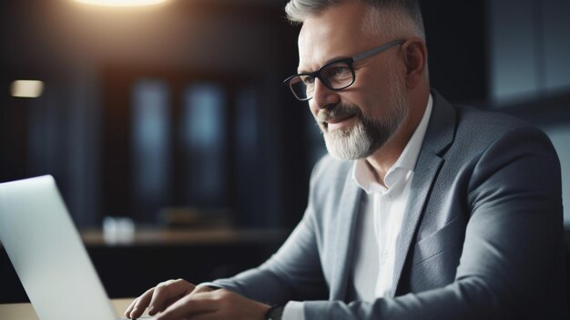 photo of businessman using laptop computer in office