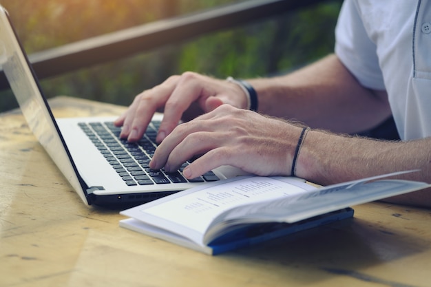 Photo businessman working with generic design notebook. 