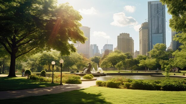 A photo of a bustling city park tall buildings in the background