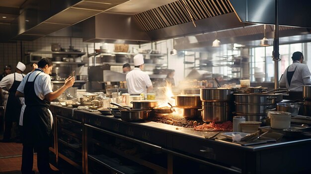 A photo of a busy restaurant kitchen during a rush