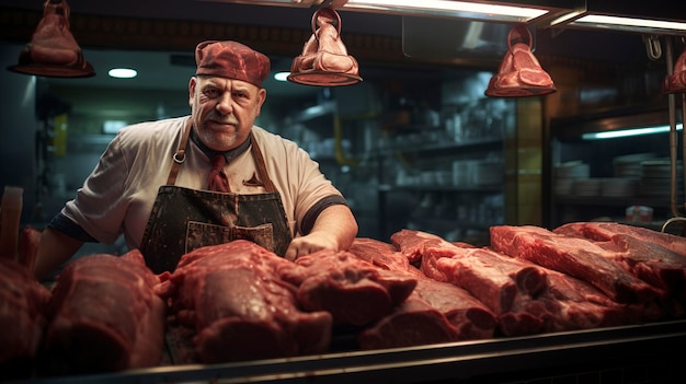 Foto una foto di un macellaio dietro il bancone della carne