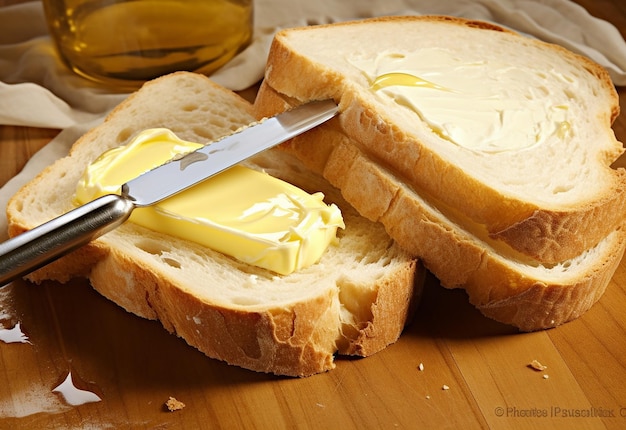 Photo of butter spread on bread slice